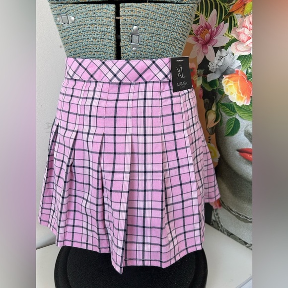 NWT MAMBA JEANS SKATER SKIRT Sz.XL. HIGH WAIST, PLEATED, PINK/BLACK PLAID PRINT - Picture 3 of 5